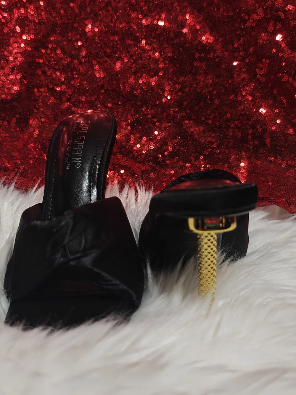 Cape Robbin Black Satin Knot Mule Heels with Gold Stiletto